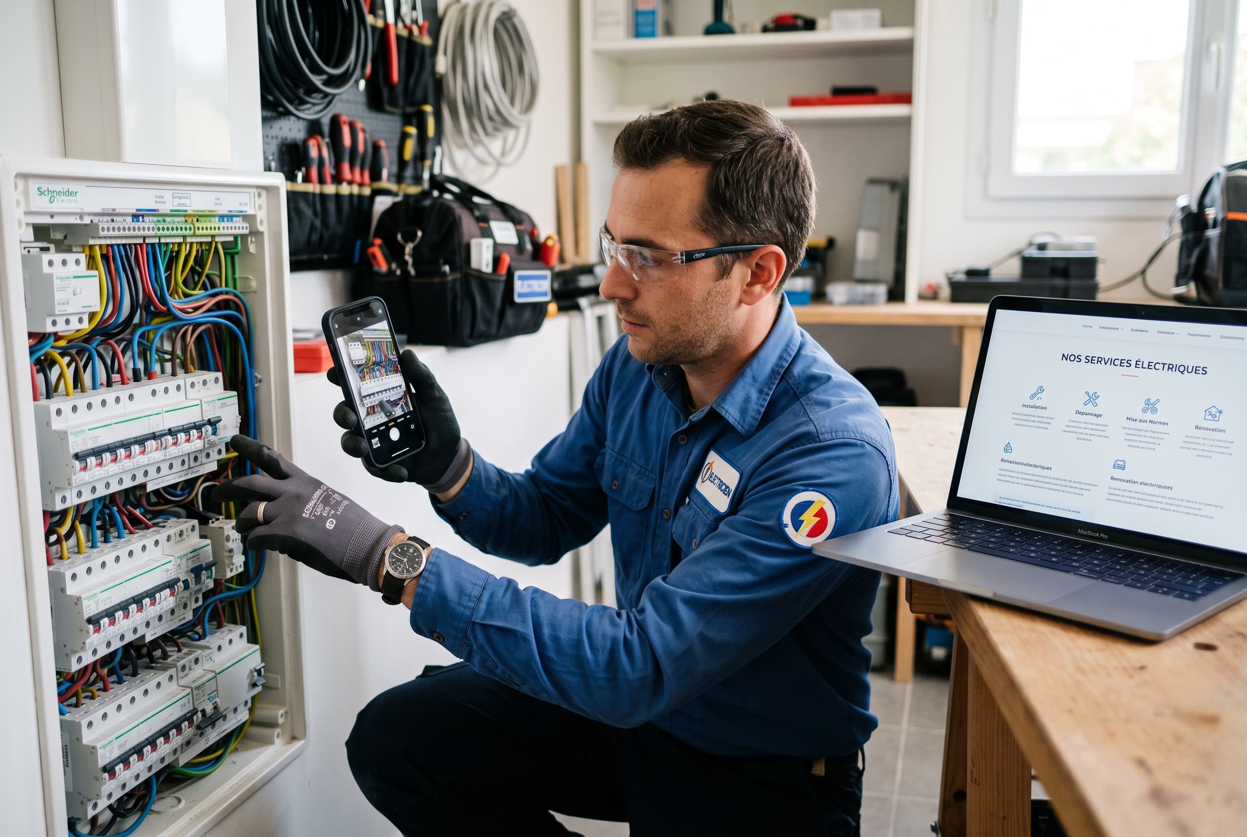 Électricien filmant un tableau électrique avec un téléphone à côté d’une page services ouverte sur ordinateur