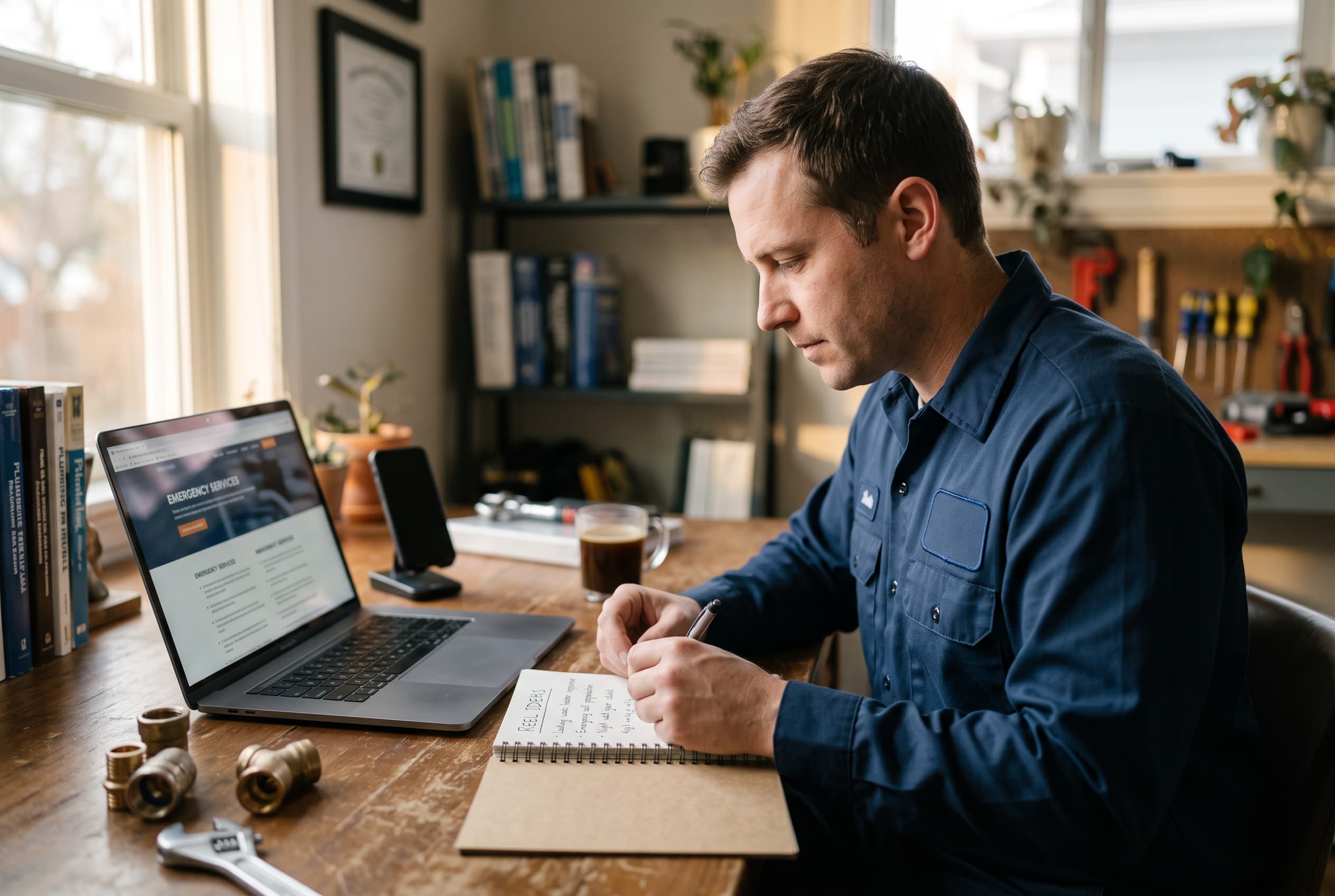 Loodgieter bekijkt spoedpagina op laptop met vijf reel-scripts voor lokale noodoproepen