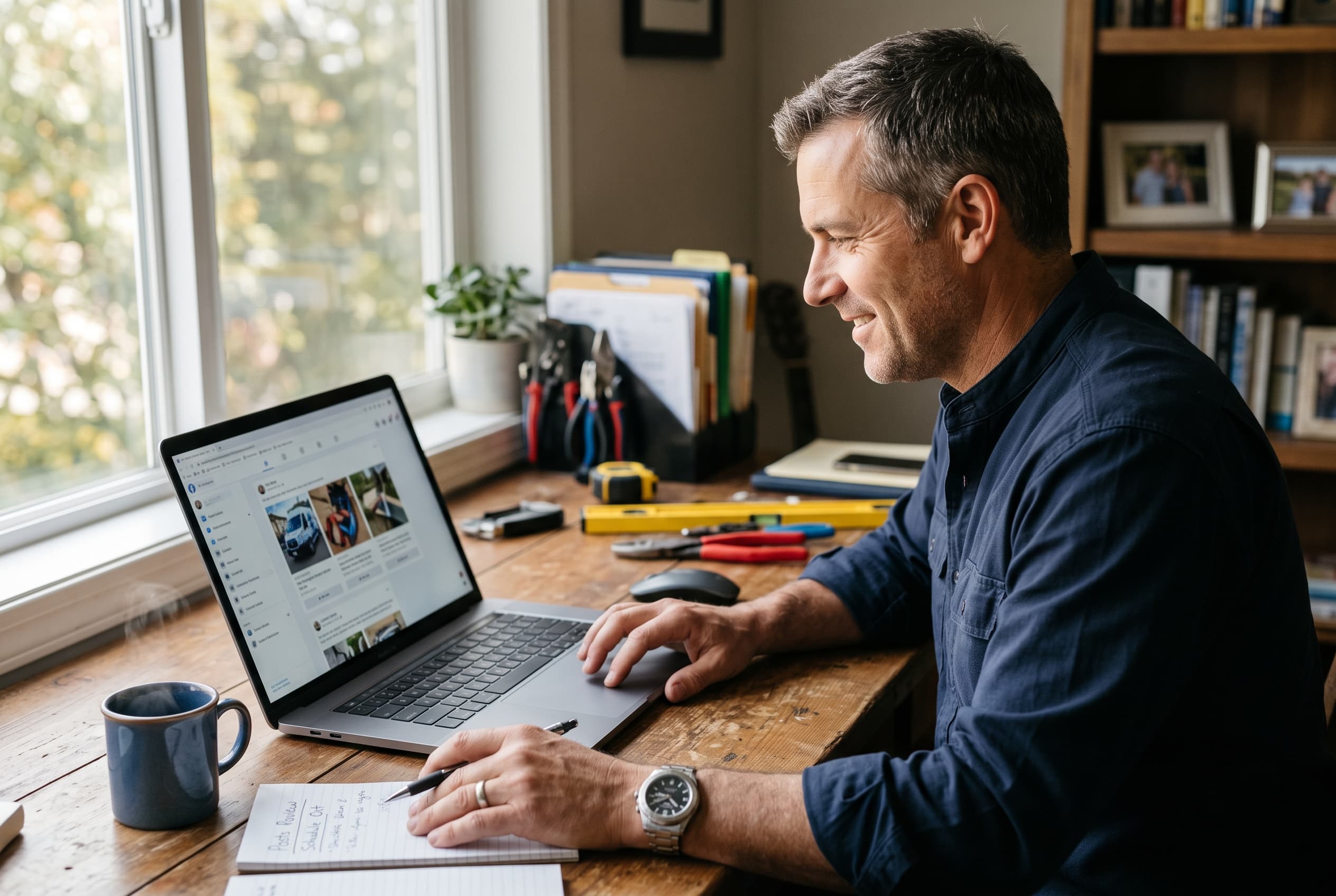 Trade business owner reviewing generated social media posts from service pages on a laptop