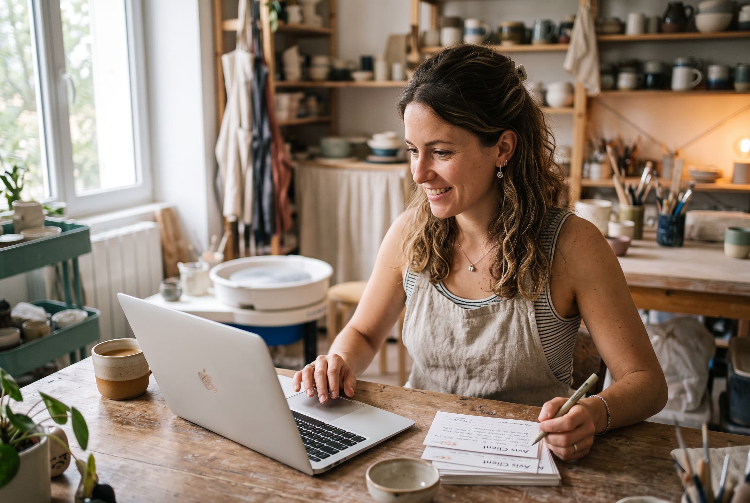 Artisan consultant des avis clients transformés en Reels avec sous-titres sur un ordinateur portable
