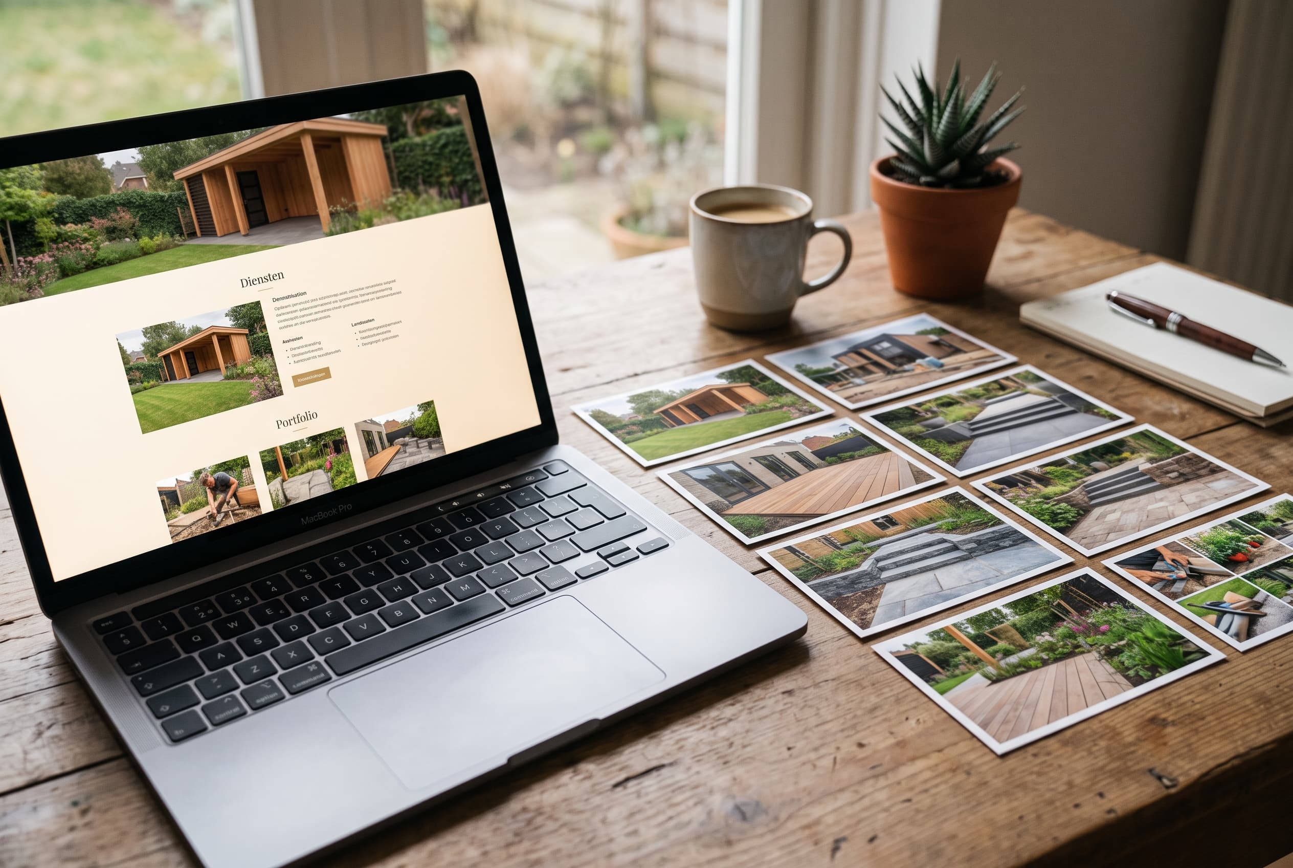 Laptop met dienstenpagina naast 10 lokale social postkaarten voor een bouwer en hovenier